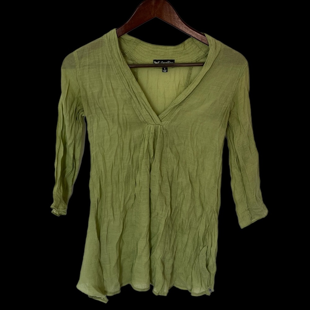 Size small green half long sleeve low v neck blouse.
